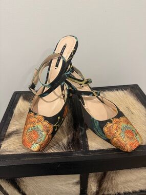 Zara Black Flats with Orange & Teal Embroidered Floral Detail